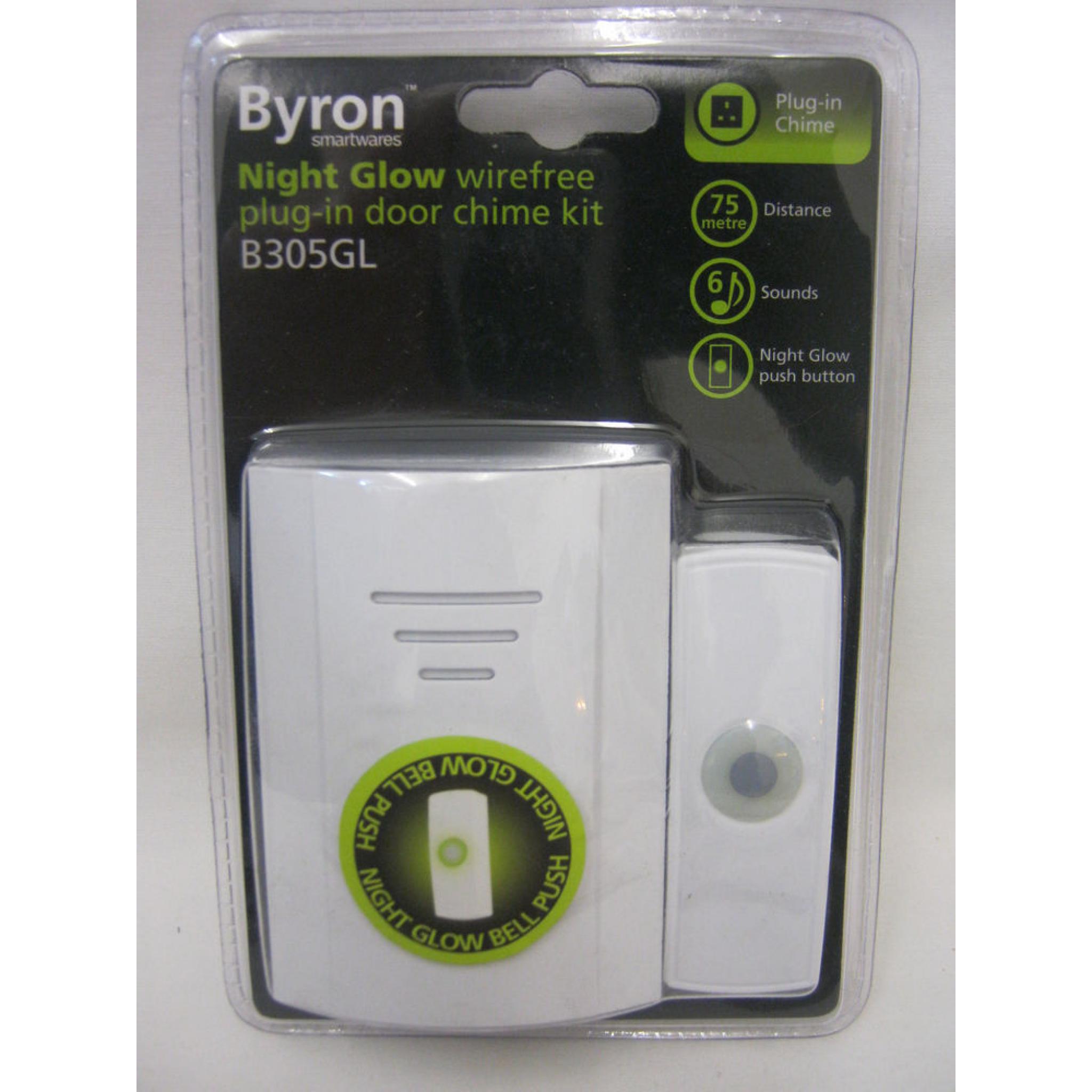 New Byron Night Glow Wireless Cordless Plug In Door Bell Chime Kit 75m B305gl