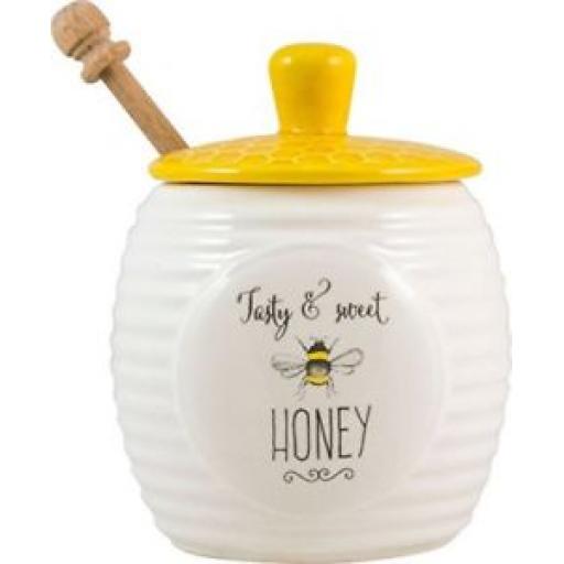 David Mason Bee Happy Honey Pot With Wooden Dipper Beehive Ceramic Jar