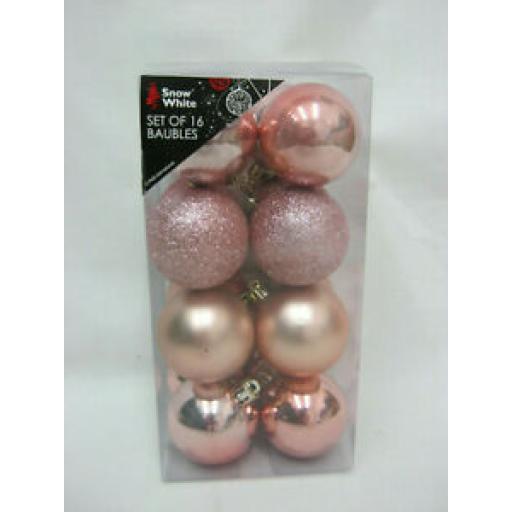 Snow White Assorted Christmas Baubles Pk 16 Pink 28mm