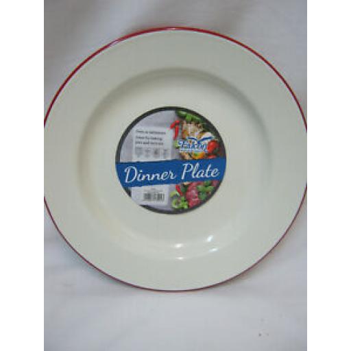 Falcon Enamel Round Pie Baking Dinner Plate Cream With Red Trim 26cm