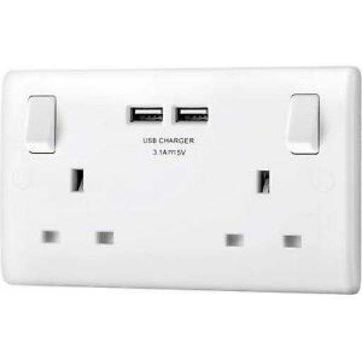 BG Electrical 2 Twin Double Gang White Flush Switched 13A Socket 2 USB Sockets